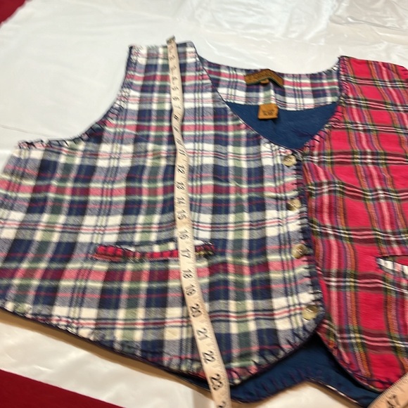 Patchwork clown plaid flannel BUTTON VEST V neck red blue green white FUN MOM 2X - Picture 9 of 12